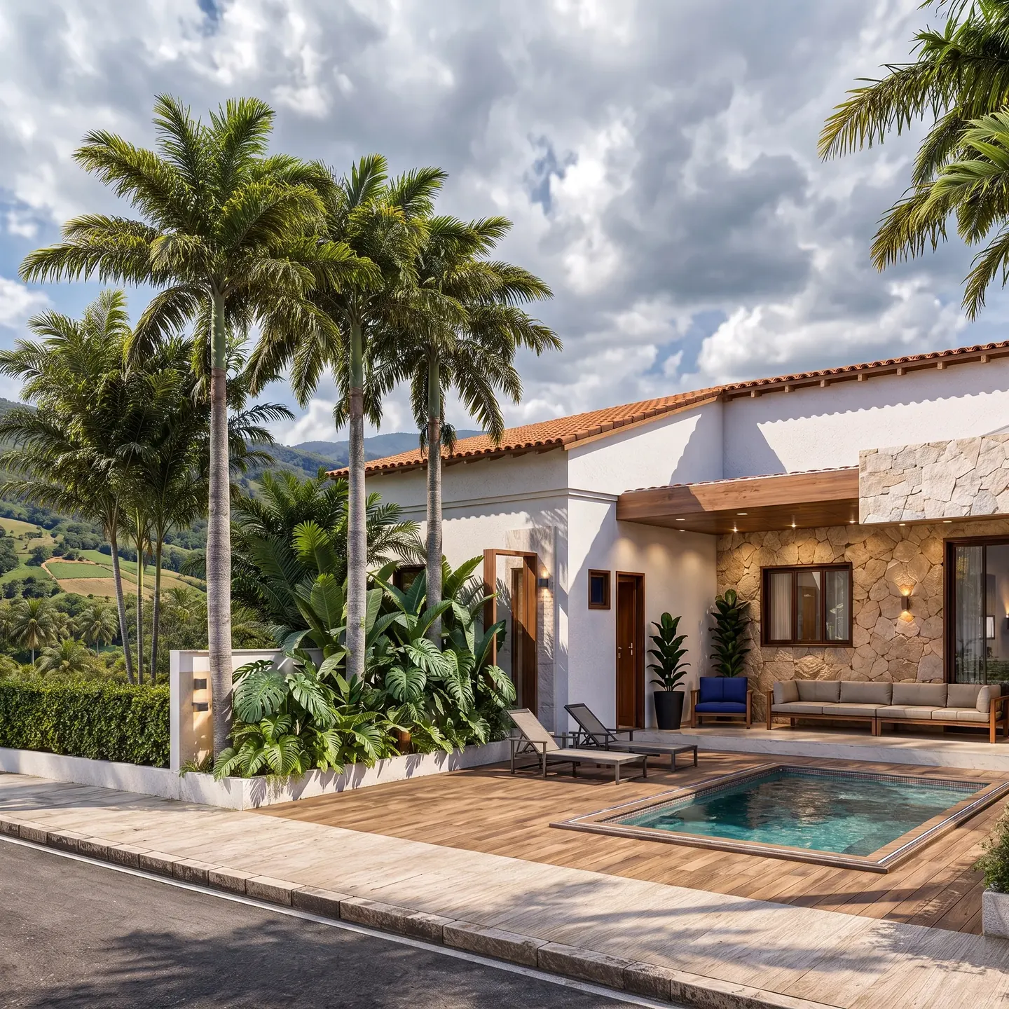 Casa contemporânea integrada a uma área de piscina e jardim tropical