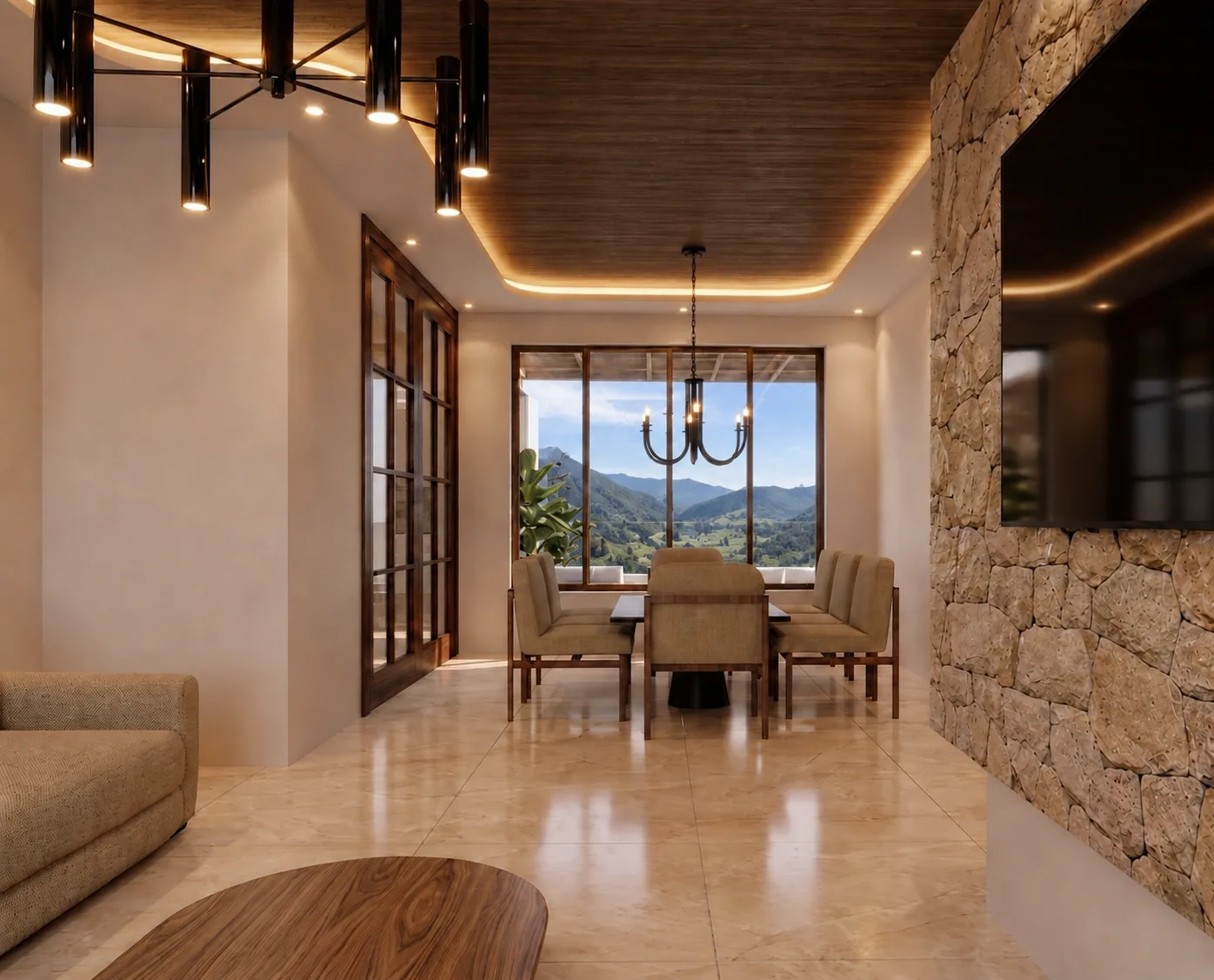Sala de jantar integrada com materiais naturais e iluminação planejada