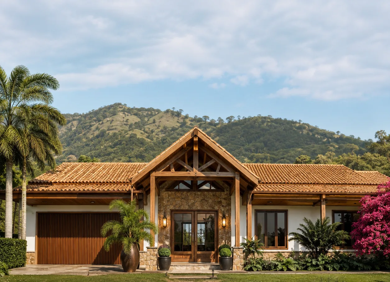 Residência contemporânea com madeira, jardim e telhado aparente