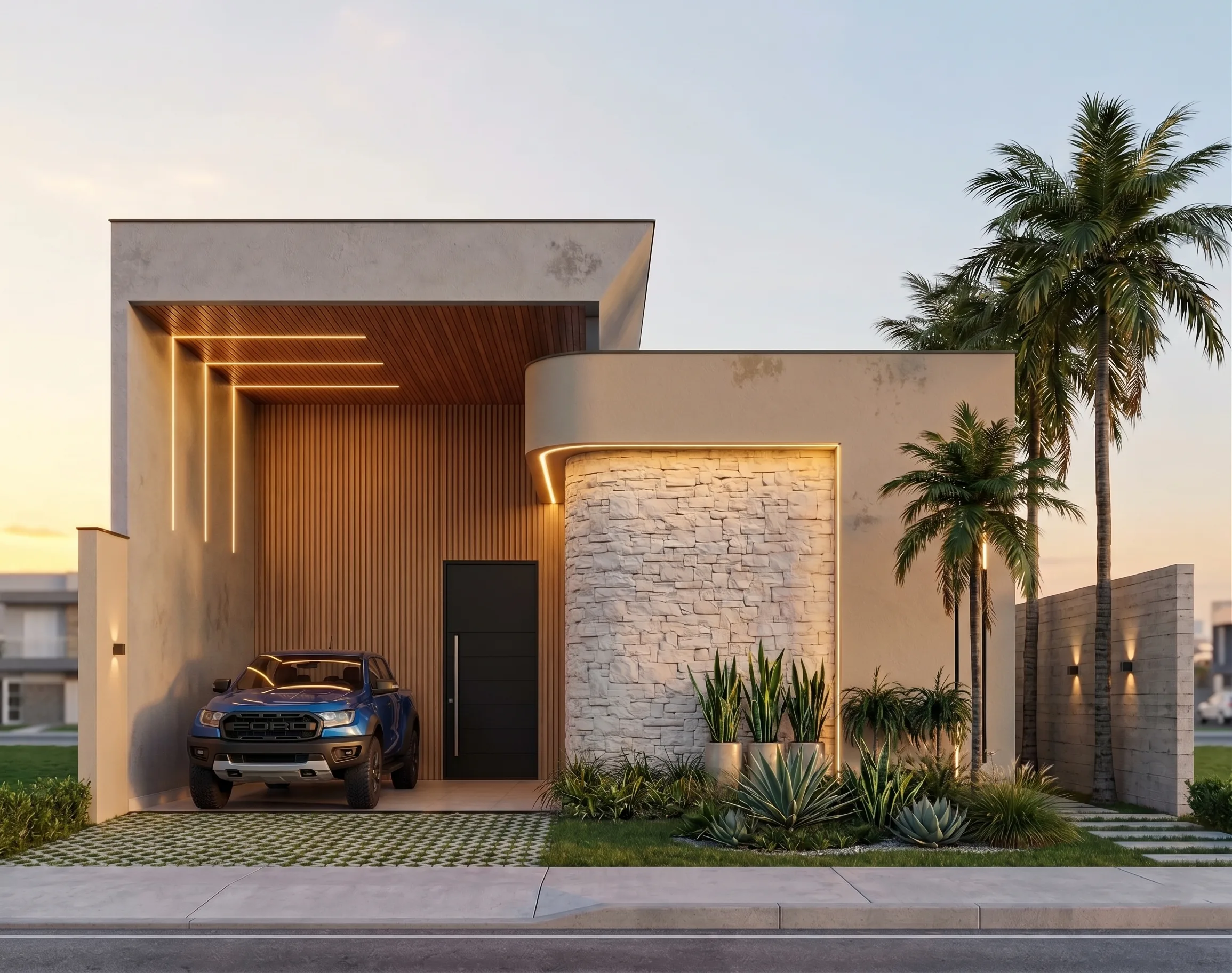 Residência contemporânea com fachada iluminada, revestimento em pedra e paisagismo tropical